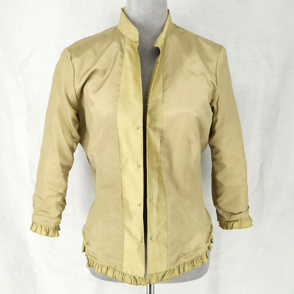 Cache Jacket Womens 8 Silk Green Gold Lined Pleated Trim Lightweight Vintage - Picture 9 of 12